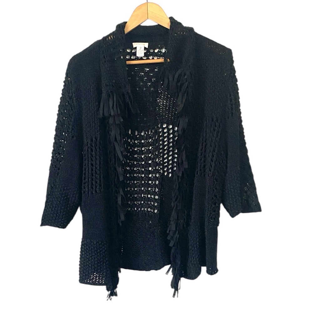 Chicos Crocheted Black Open Front Sweater With Fringe 3/4 Sleeves Womens 2 or L